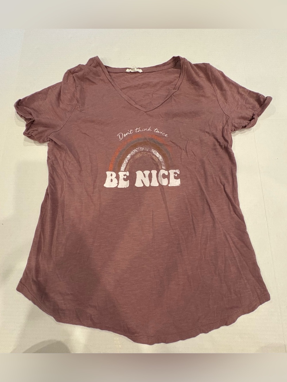 Maurices Mauve V-Neck Graphic Tee - BE NICE Rainbow